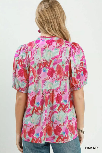 Umgee Abstract Print Puff Sleeve Top - Bitsy Gypsy Boutique