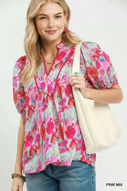 Umgee Abstract Print Puff Sleeve Top - Bitsy Gypsy Boutique