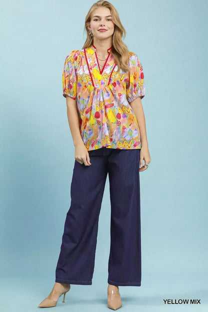 Umgee Abstract Print Puff Sleeve Top - Bitsy Gypsy Boutique