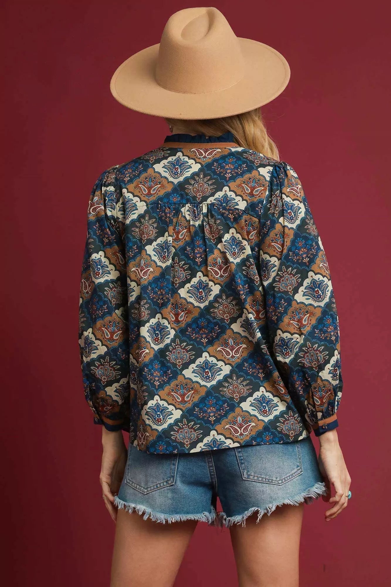 Umgee Abstract Print Ruffle Neck Top - Bitsy Gypsy Boutique