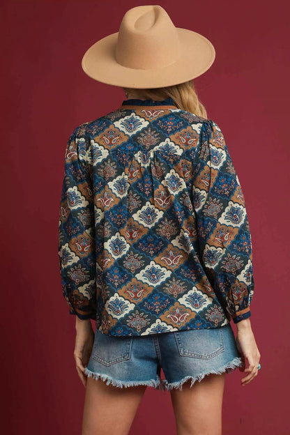 Umgee Abstract Print Ruffle Neck Top - Bitsy Gypsy Boutique