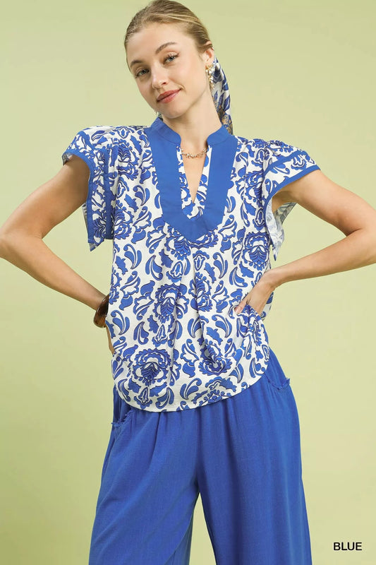 Umgee Abstract Print Short Sleeve Blouse - Bitsy Gypsy Boutique