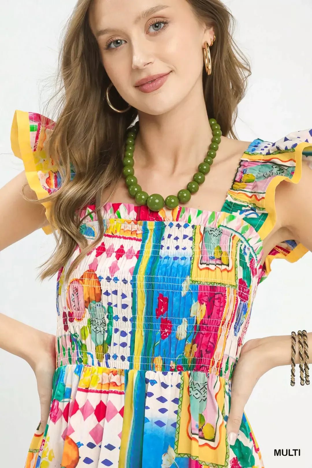Umgee Abstract Print Smocked Ruffle Sleeve Tiered Midi Dress - Bitsy Gypsy Boutique