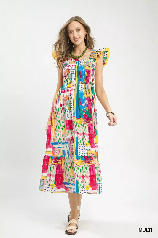 Umgee Abstract Print Smocked Ruffle Sleeve Tiered Midi Dress - Bitsy Gypsy Boutique