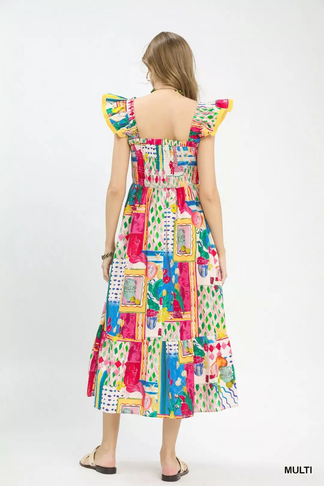 Umgee Abstract Print Smocked Ruffle Sleeve Tiered Midi Dress - Bitsy Gypsy Boutique