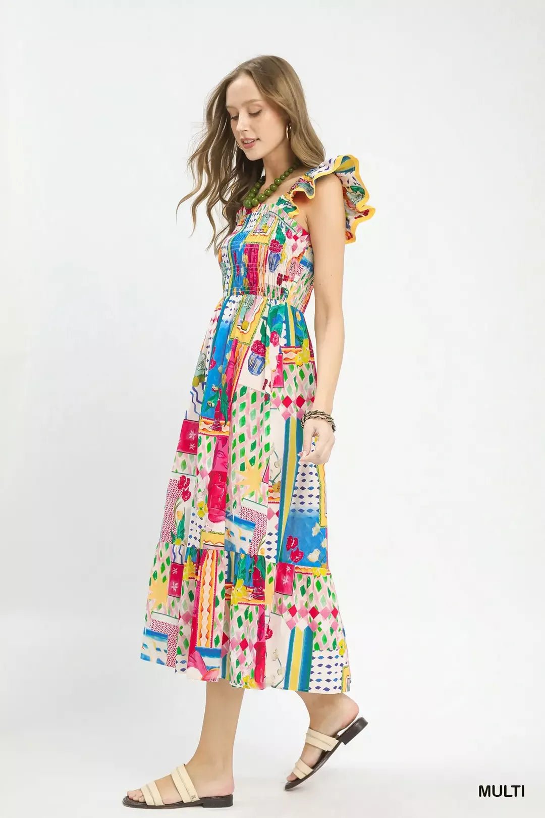 Umgee Abstract Print Smocked Ruffle Sleeve Tiered Midi Dress - Bitsy Gypsy Boutique