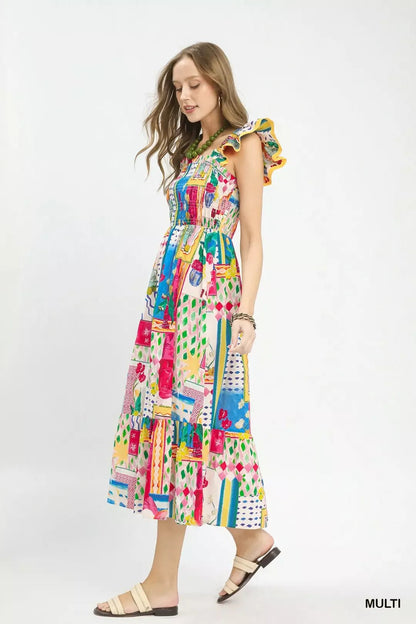 Umgee Abstract Print Smocked Ruffle Sleeve Tiered Midi Dress - Bitsy Gypsy Boutique
