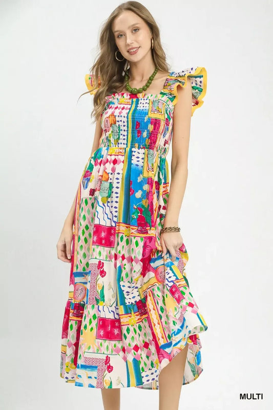 Umgee Abstract Print Smocked Ruffle Sleeve Tiered Midi Dress - Bitsy Gypsy Boutique
