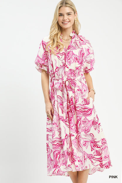 Umgee Abstract Print Smocked Tie Waist Midi Dress - Bitsy Gypsy Boutique