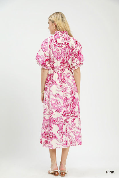 Umgee Abstract Print Smocked Tie Waist Midi Dress - Bitsy Gypsy Boutique