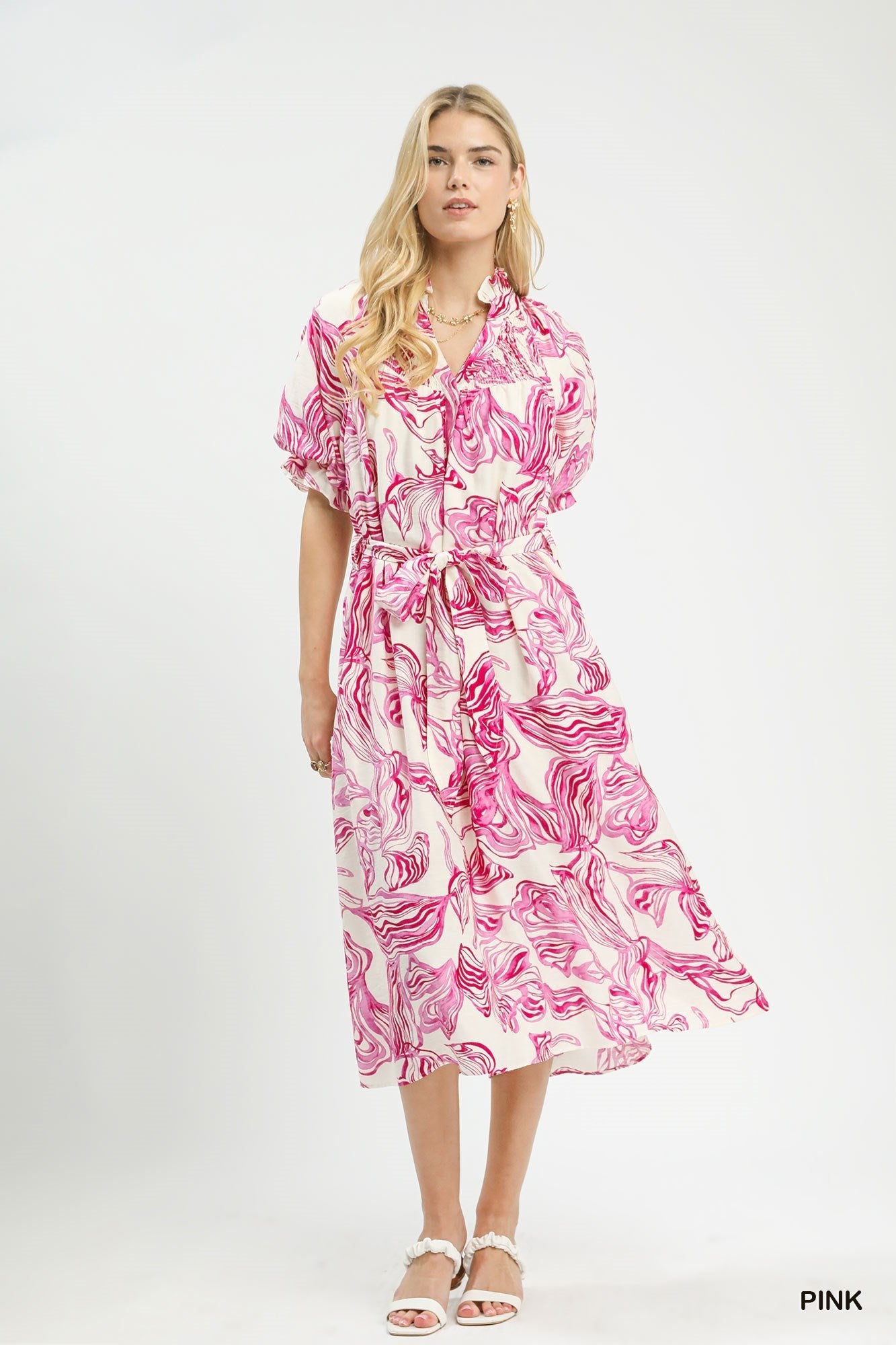 Umgee Abstract Print Smocked Tie Waist Midi Dress - Bitsy Gypsy Boutique