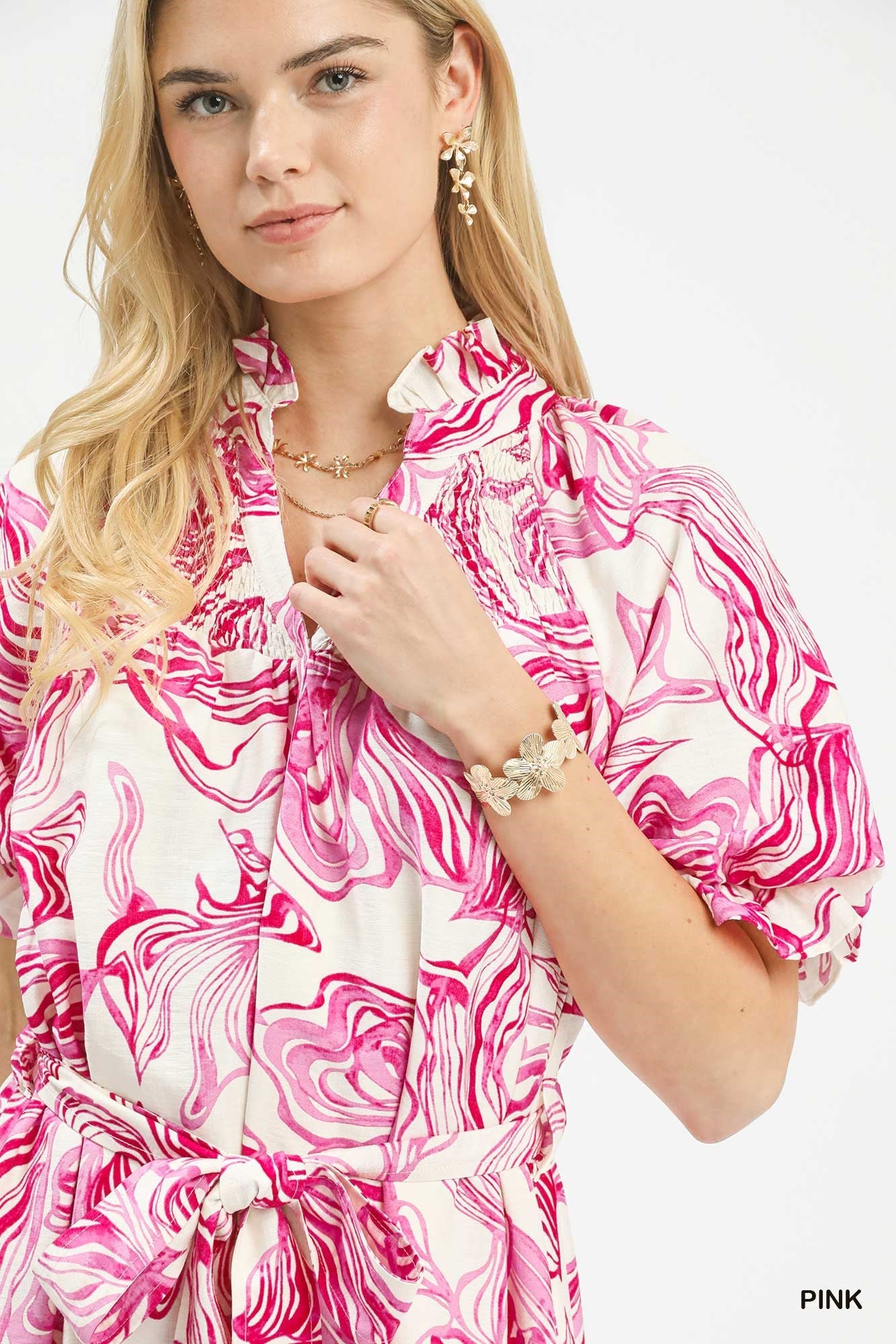 Umgee Abstract Print Smocked Tie Waist Midi Dress - Bitsy Gypsy Boutique