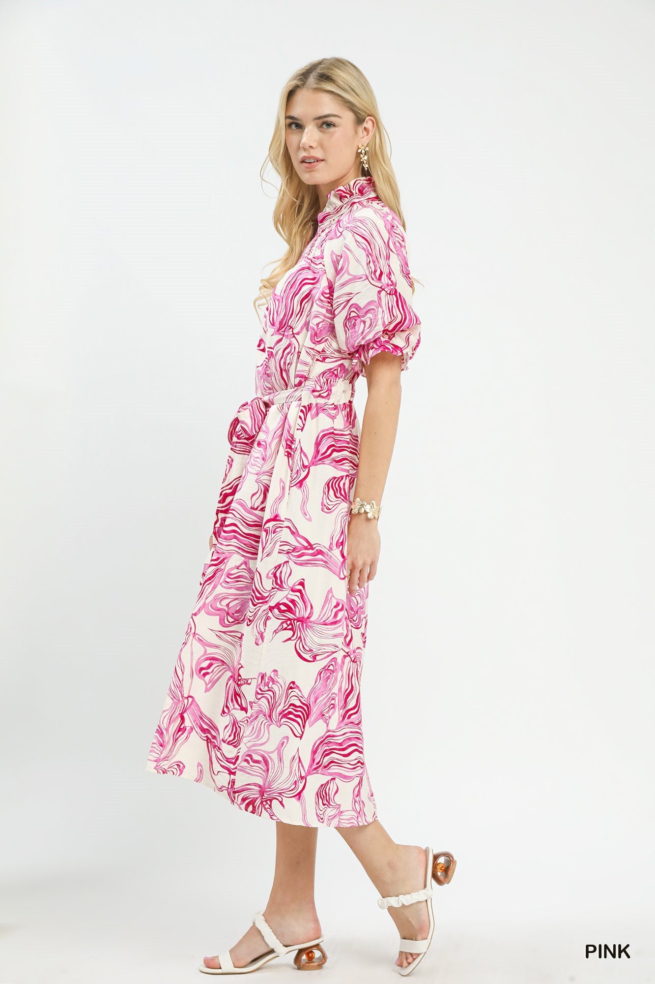 Umgee Abstract Print Smocked Tie Waist Midi Dress - Bitsy Gypsy Boutique