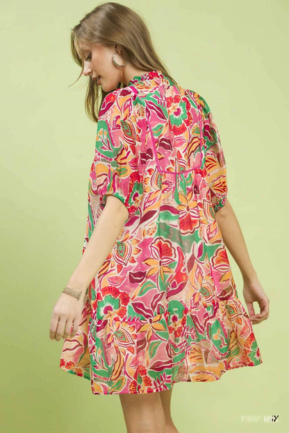 Umgee Abstract Print V - Neck Baby Doll Dress - Bitsy Gypsy Boutique