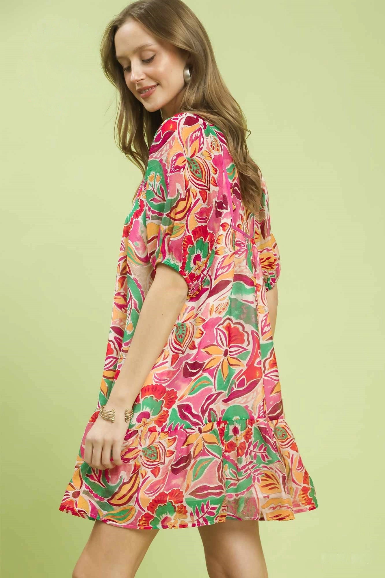 Umgee Abstract Print V - Neck Baby Doll Dress - Bitsy Gypsy Boutique