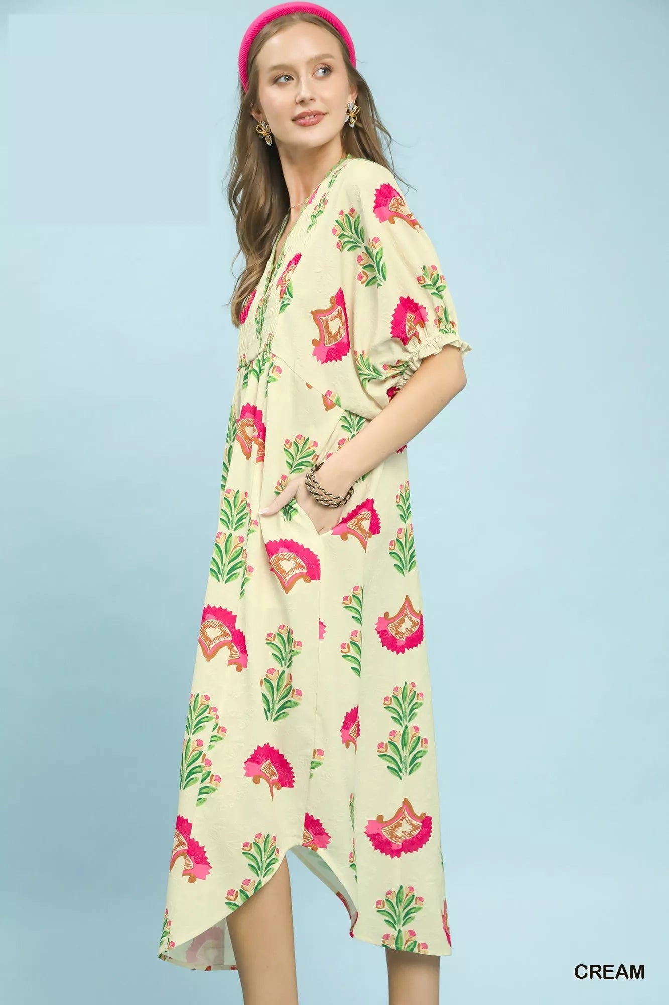 Umgee Abstract Print V - Neck Midi Dress - Bitsy Gypsy Boutique