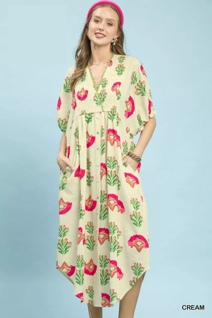 Umgee Abstract Print V - Neck Midi Dress - Bitsy Gypsy Boutique