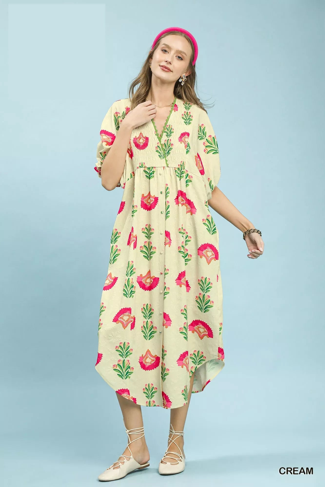 Umgee Abstract Print V - Neck Midi Dress - Bitsy Gypsy Boutique