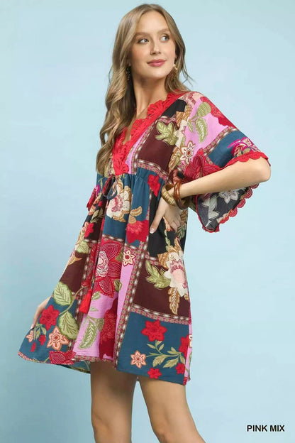 Umgee Abstract Print V - Neck Mini Dress - Bitsy Gypsy Boutique