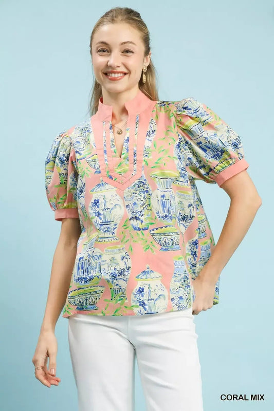 Umgee Abstract Print V - Neck Top - Bitsy Gypsy Boutique