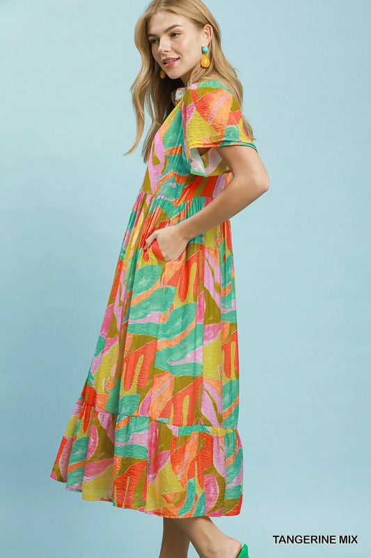 Umgee Abstract Tropical Print Tiered Midi Dress - Bitsy Gypsy Boutique