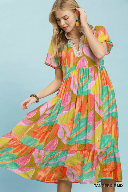 Umgee Abstract Tropical Print Tiered Midi Dress - Bitsy Gypsy Boutique