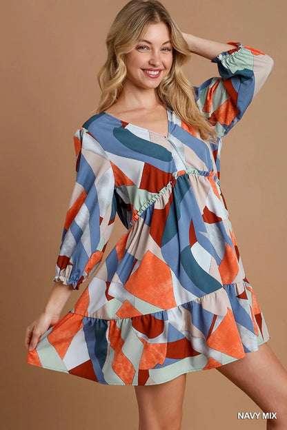 Umgee Abstract V - Neck Tiered Printed Dress - Bitsy Gypsy Boutique