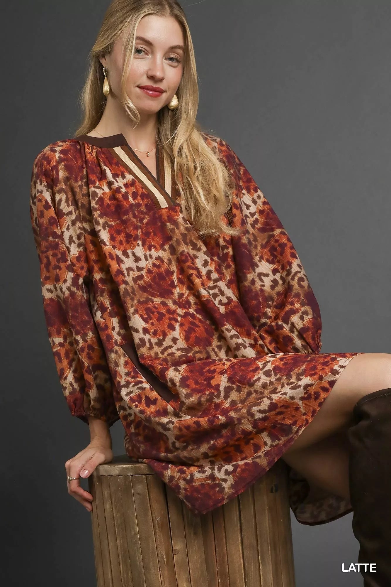 Umgee Animal Print Boho Tunic Dress with Contrast Trim Detail - Bitsy Gypsy Boutique