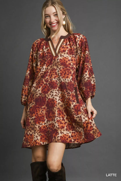 Umgee Animal Print Boho Tunic Dress with Contrast Trim Detail - Bitsy Gypsy Boutique
