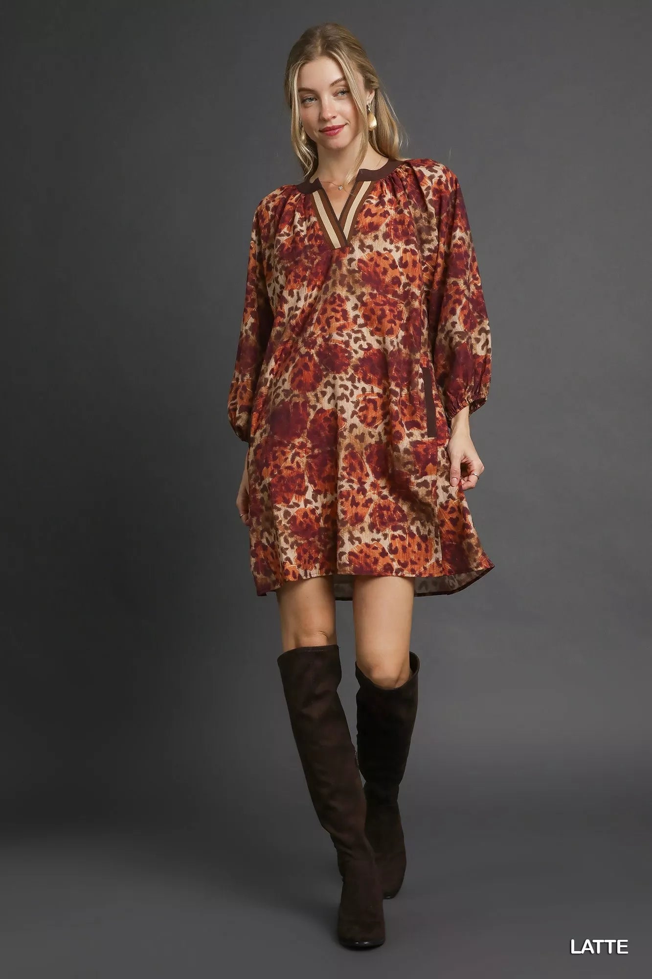 Umgee Animal Print Boho Tunic Dress with Contrast Trim Detail - Bitsy Gypsy Boutique