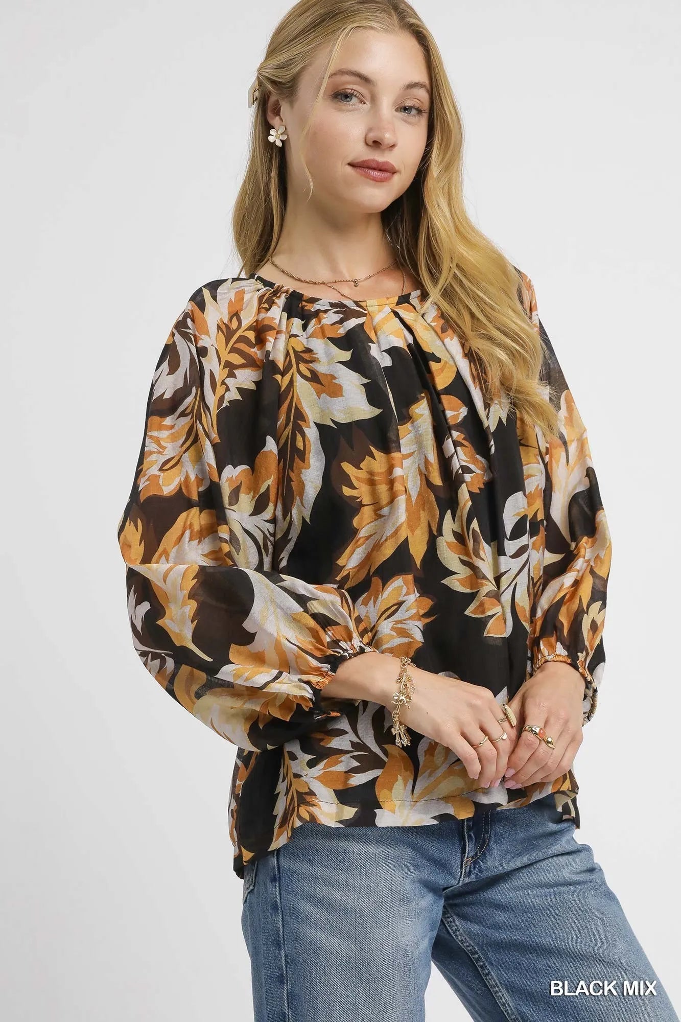 Umgee Autumn Leaf Print Balloon Sleeve Blouse - Bitsy Gypsy Boutique