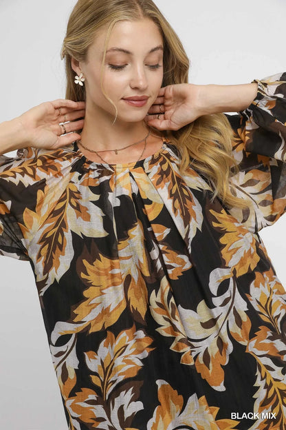 Umgee Autumn Leaf Print Balloon Sleeve Blouse - Bitsy Gypsy Boutique