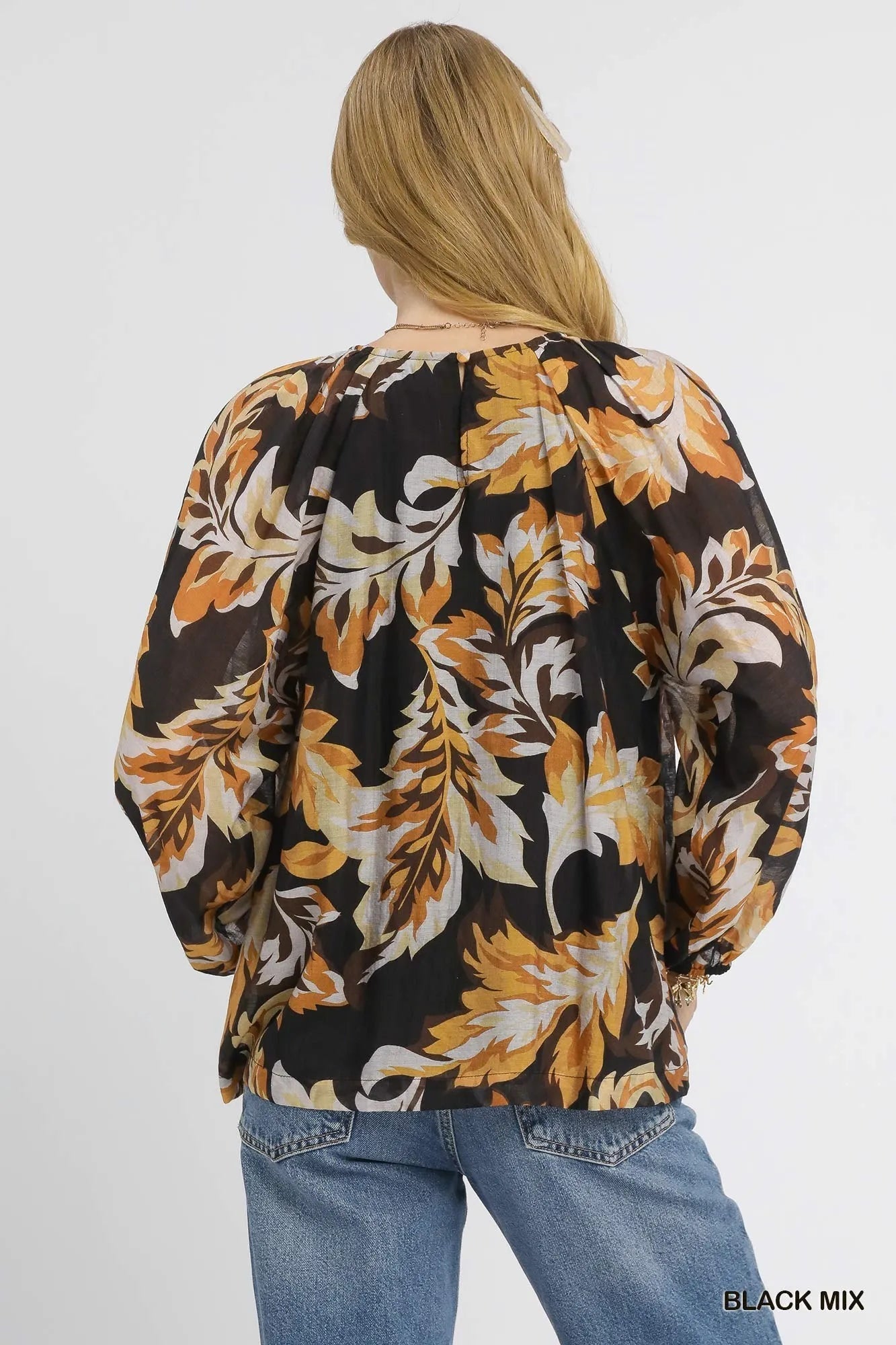 Umgee Autumn Leaf Print Balloon Sleeve Blouse - Bitsy Gypsy Boutique