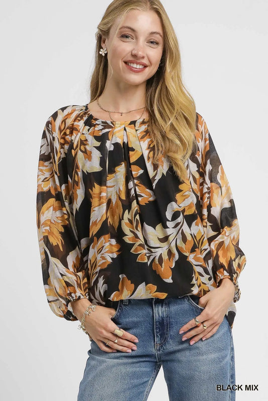 Umgee Autumn Leaf Print Balloon Sleeve Blouse - Bitsy Gypsy Boutique