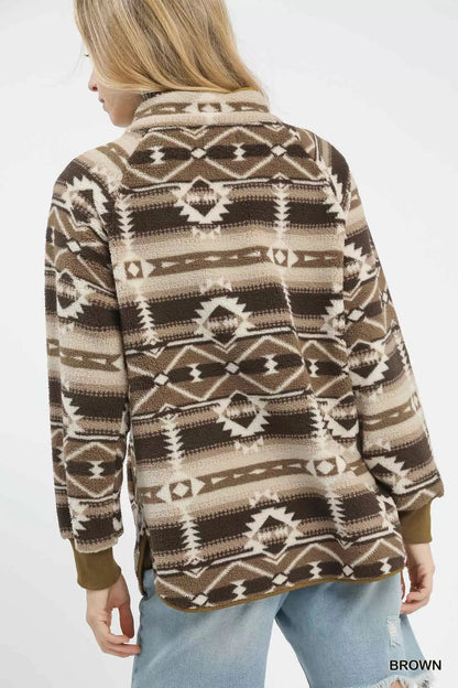 Umgee Aztec Print Sherpa Pullover - Bitsy Gypsy Boutique