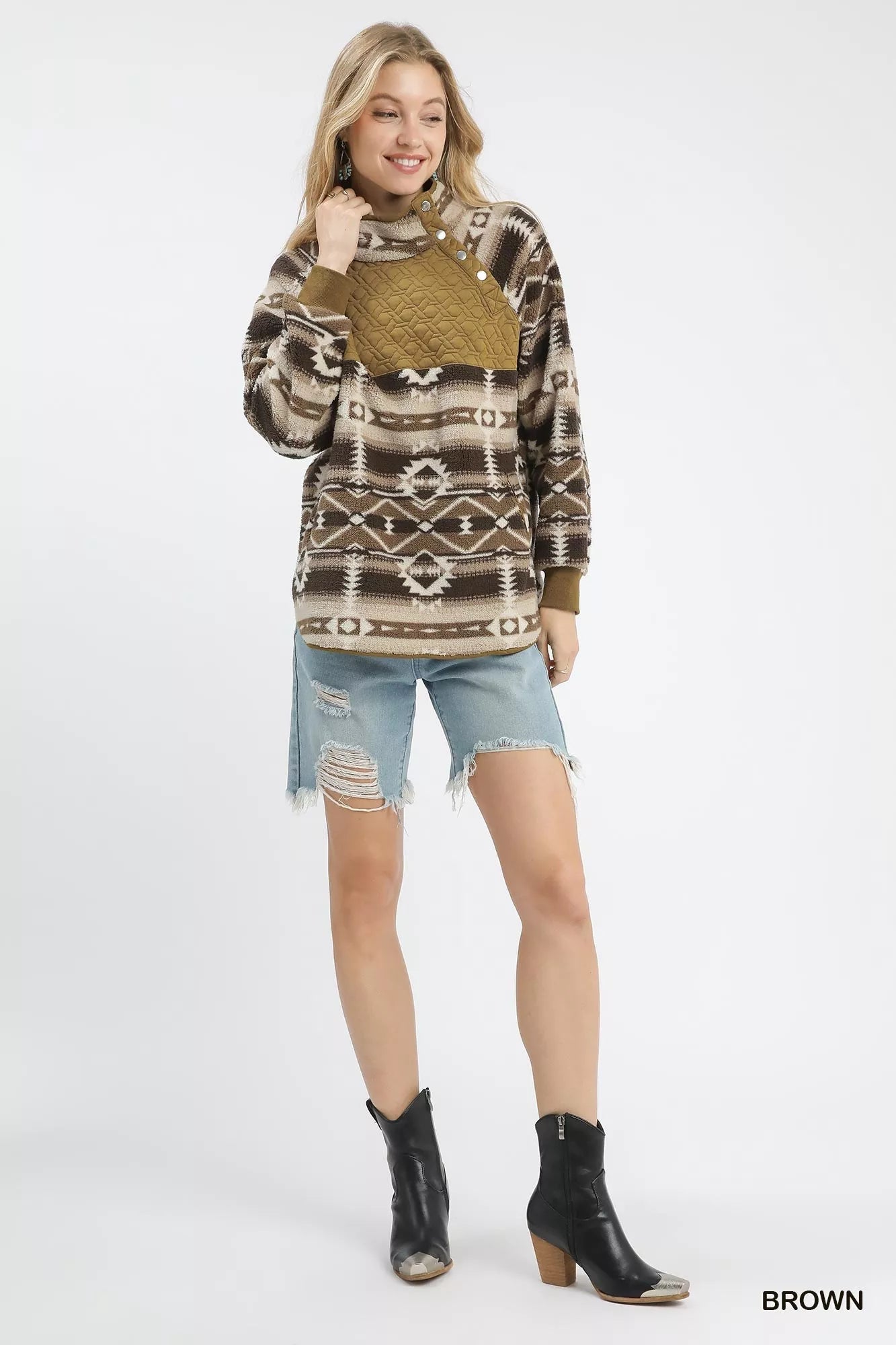 Umgee Aztec Print Sherpa Pullover - Bitsy Gypsy Boutique