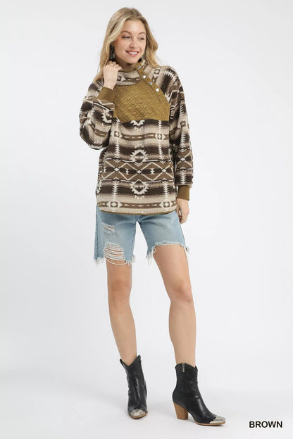 Umgee Aztec Print Sherpa Pullover - Bitsy Gypsy Boutique