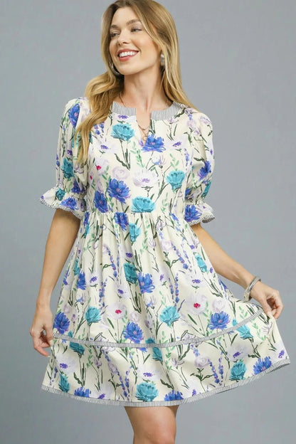 Umgee BabyDoll Floral Striped Hem Mini Dress - Bitsy Gypsy Boutique