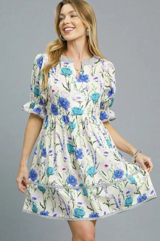 Umgee BabyDoll Floral Striped Hem Mini Dress - Bitsy Gypsy Boutique
