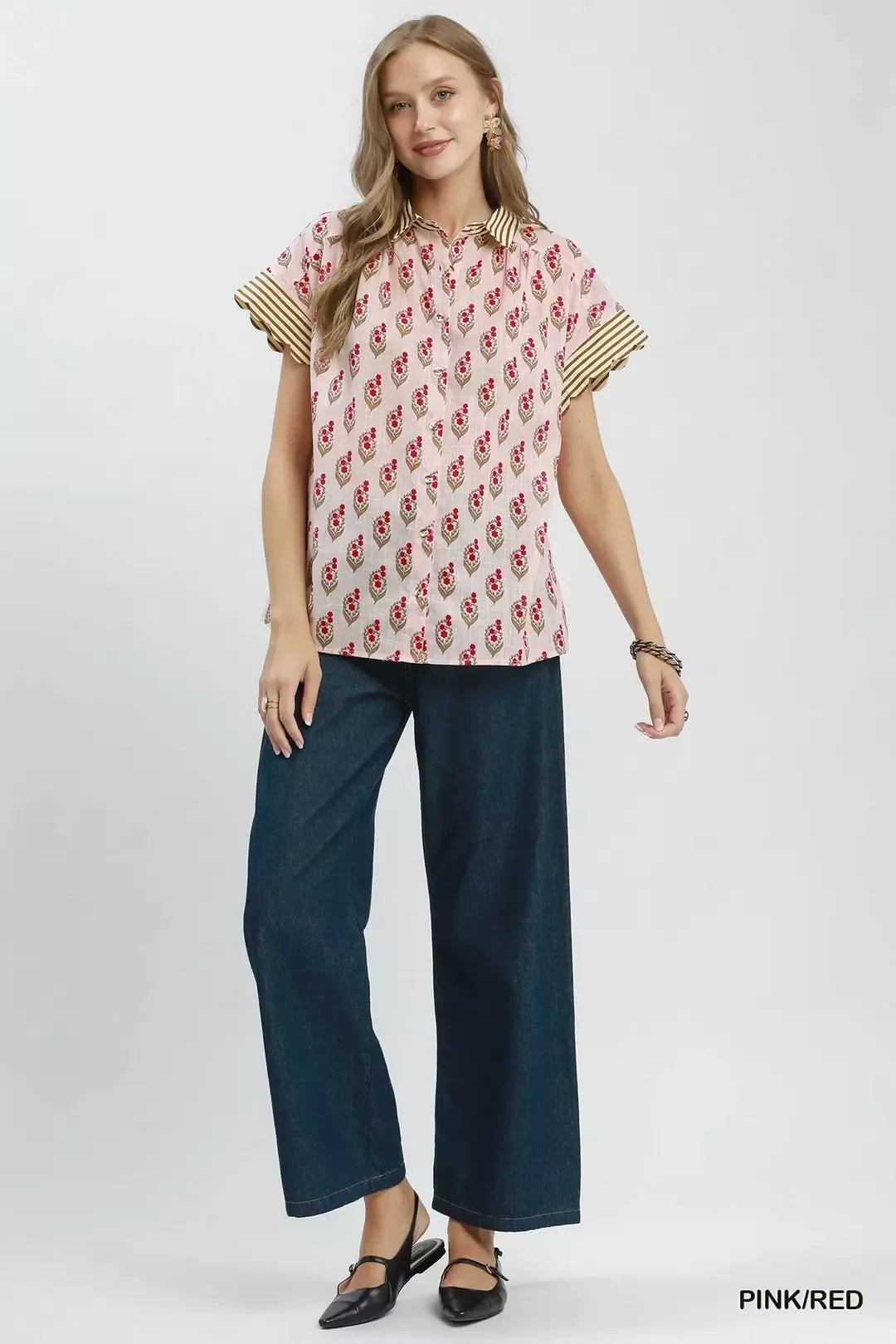 Umgee Block Print Button - Front Shirt with Contrast Stripe Point Collar - Bitsy Gypsy Boutique
