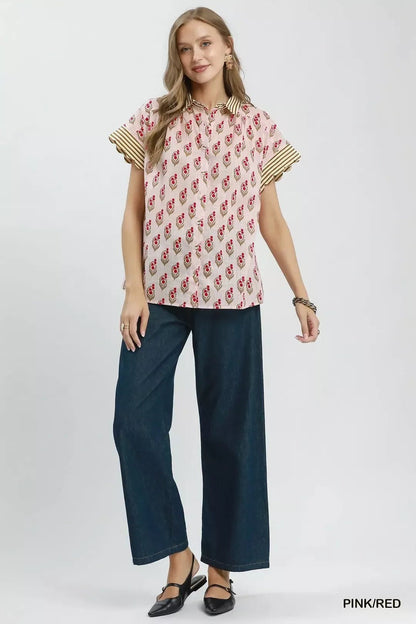 Umgee Block Print Button - Front Shirt with Contrast Stripe Point Collar - Bitsy Gypsy Boutique