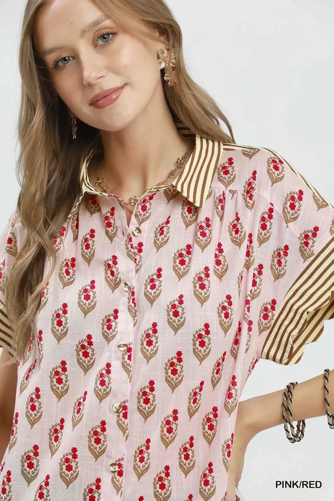 Umgee Block Print Button - Front Shirt with Contrast Stripe Point Collar - Bitsy Gypsy Boutique