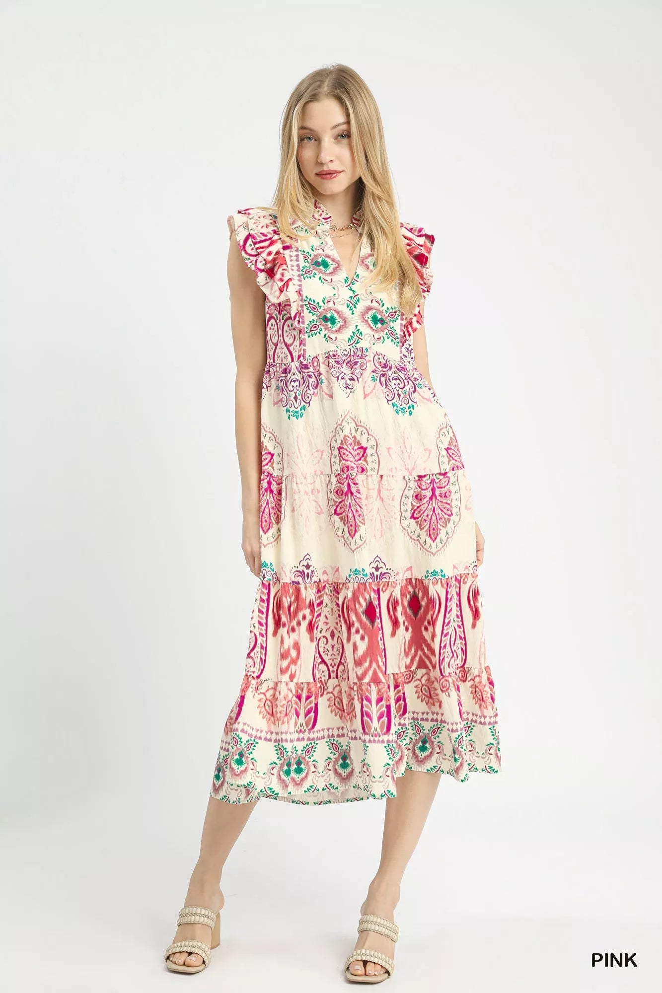 Umgee Boho Boarder Print Ruffle Midi Dress - Bitsy Gypsy Boutique