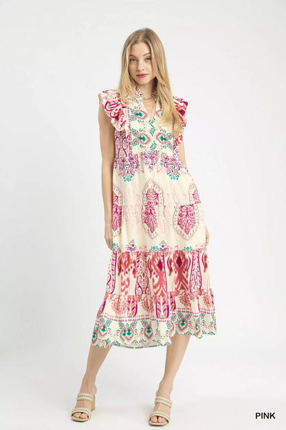 Umgee Boho Boarder Print Ruffle Midi Dress - Bitsy Gypsy Boutique