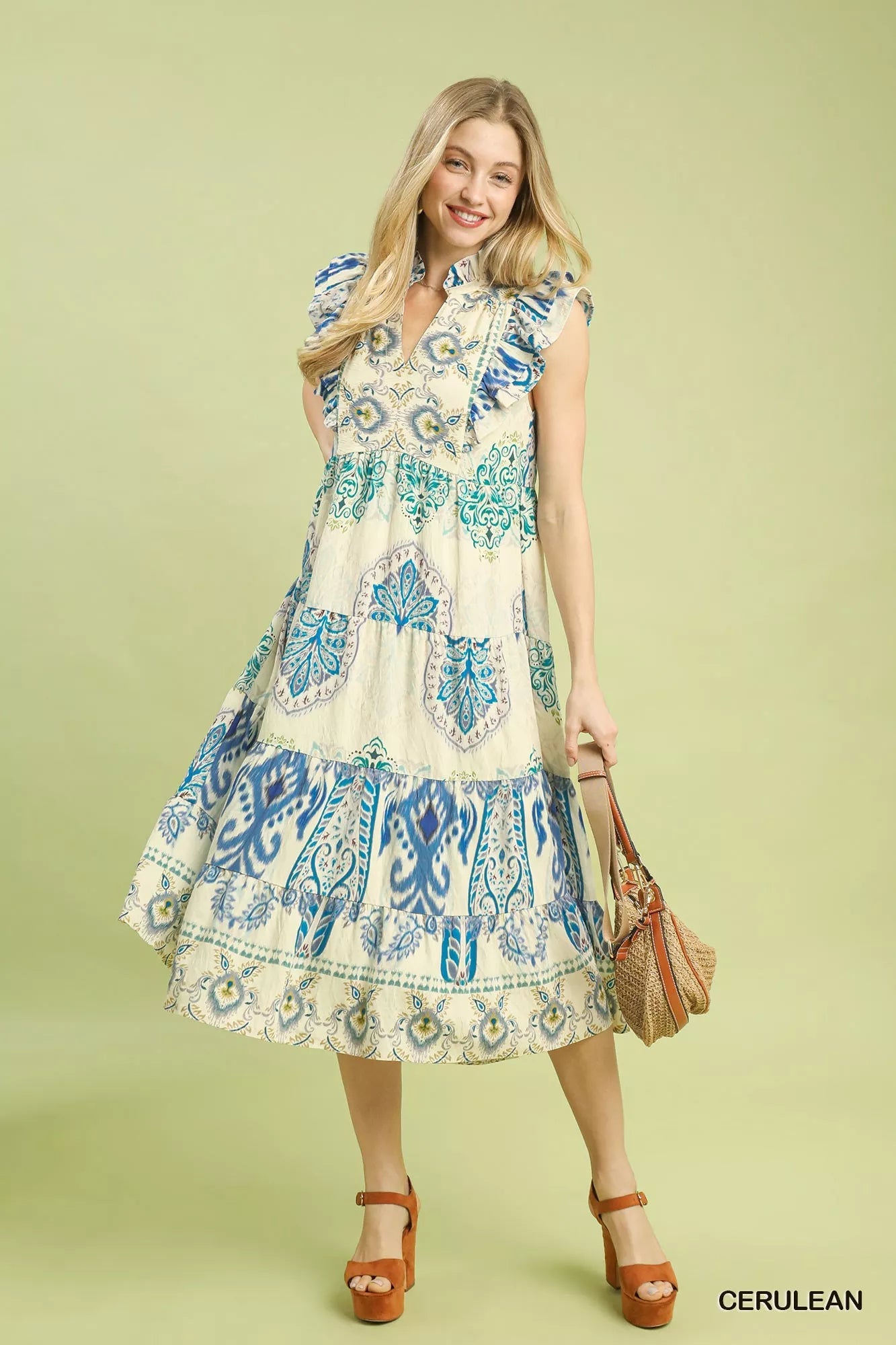 Umgee Boho Boarder Print Ruffle Midi Dress - Bitsy Gypsy Boutique