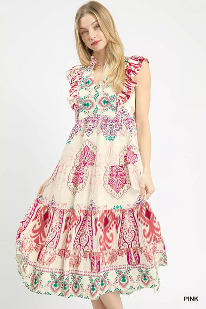 Umgee Boho Boarder Print Ruffle Midi Dress - Bitsy Gypsy Boutique