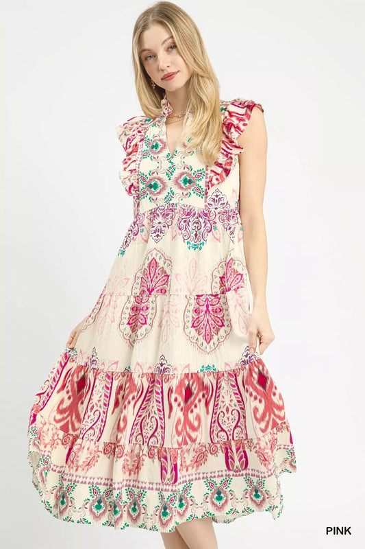 Umgee Boho Boarder Print Ruffle Midi Dress - Bitsy Gypsy Boutique