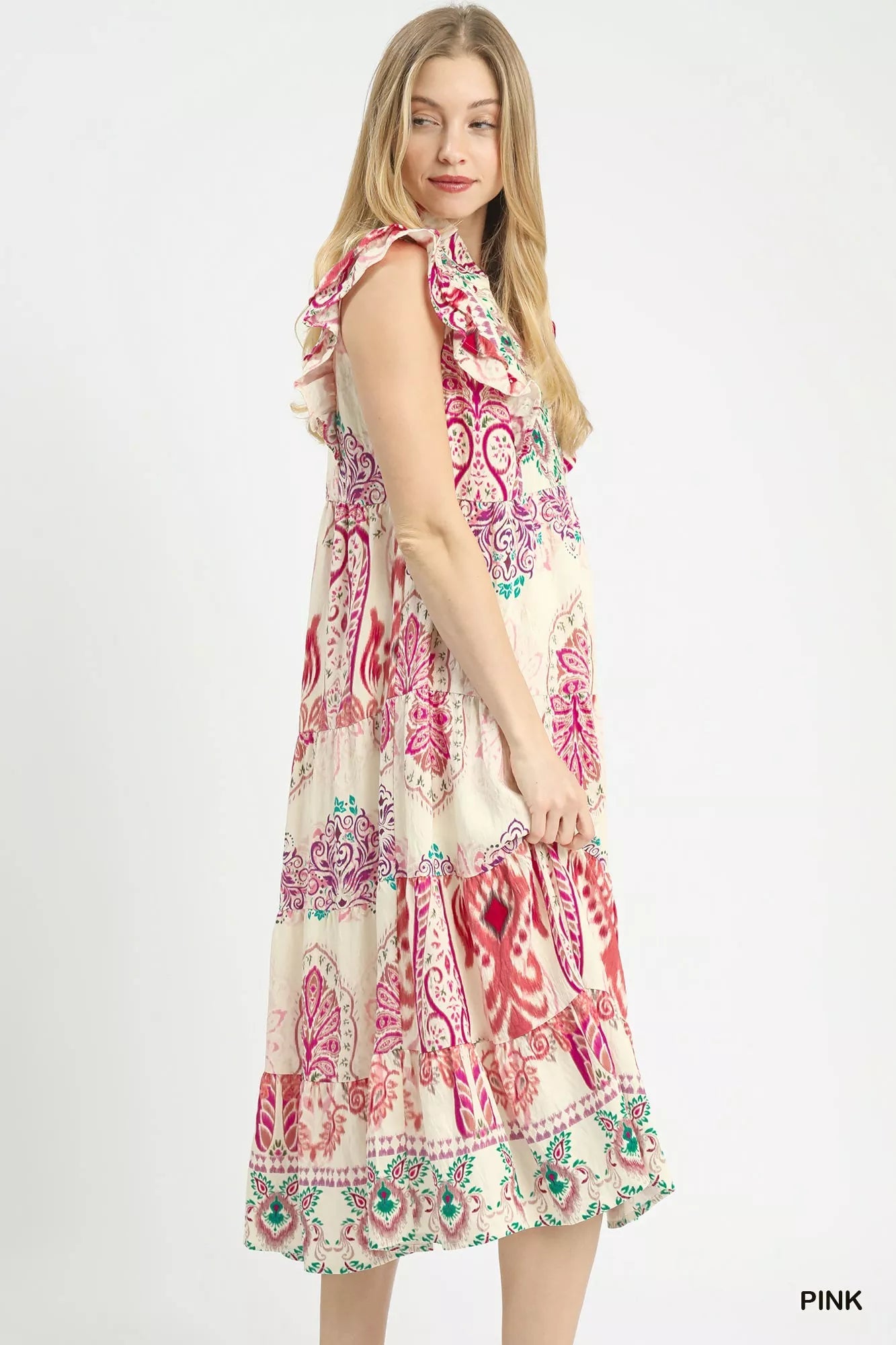 Umgee Boho Boarder Print Ruffle Midi Dress - Bitsy Gypsy Boutique