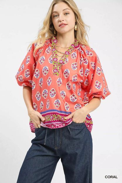Umgee Boho Border Print Peasant Top - Bitsy Gypsy Boutique