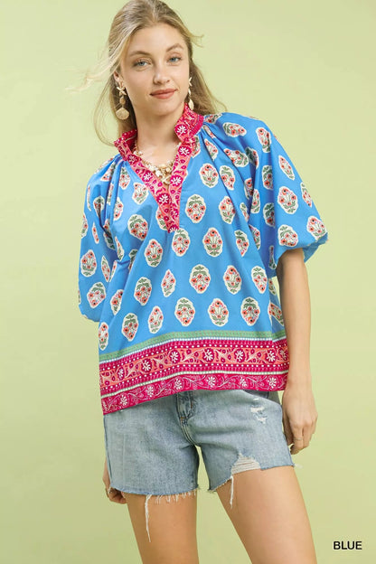 Umgee Boho Border Print Peasant Top - Bitsy Gypsy Boutique